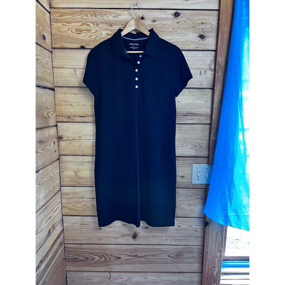 Nautica Womens Black Short Sleeve Polo Dress Pique Knit Cotton Blend Large